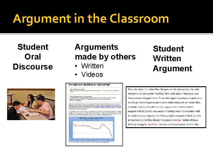 Argument in the Classroom Student Oral Discourse Arguments made by others • Written •