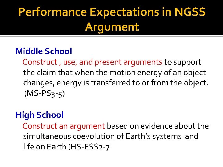 Performance Expectations in NGSS Argument Middle School Construct , use, and present arguments to