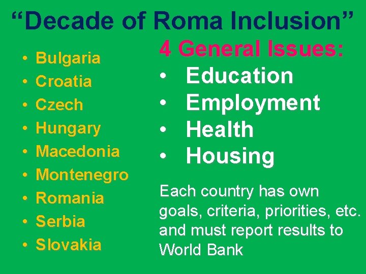 “Decade of Roma Inclusion” • • • Bulgaria Croatia Czech Hungary Macedonia Montenegro Romania