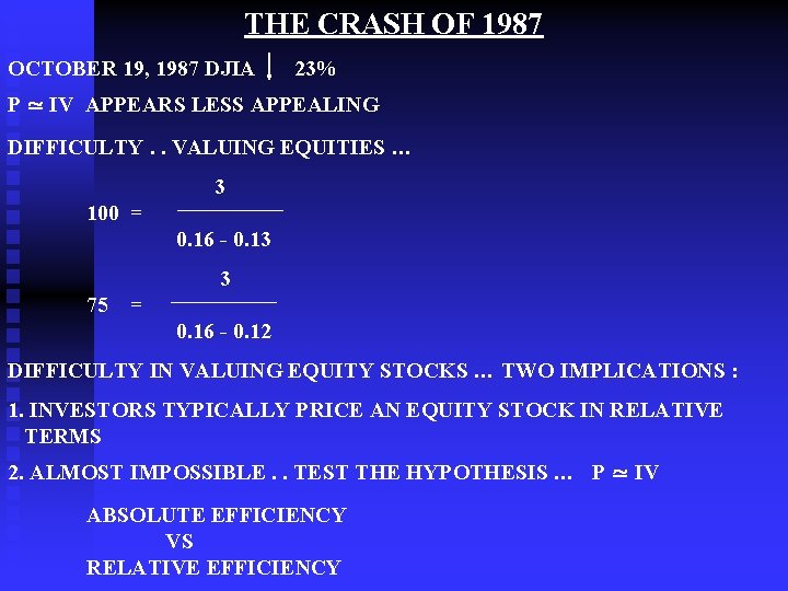 THE CRASH OF 1987 OCTOBER 19, 1987 DJIA 23% P ≃ IV APPEARS LESS