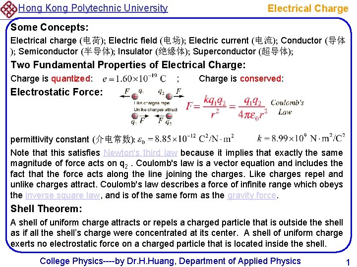 Hong Kong Polytechnic University Electrical Charge Some Concepts: Electrical charge (电荷); Electric field (电场);