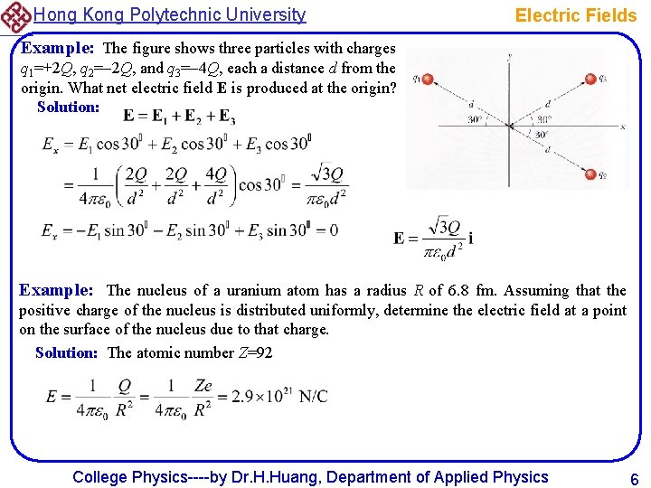 Hong Kong Polytechnic University Electric Fields Example: The figure shows three particles with charges