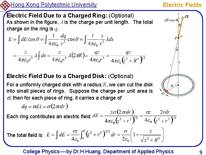 Hong Kong Polytechnic University Electric Fields Electric Field Due to a Charged Ring: (Optional)