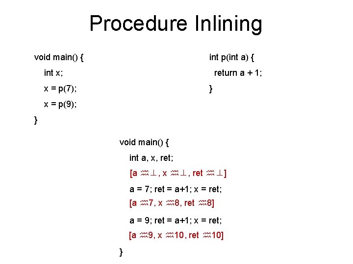 Procedure Inlining void main() { int p(int a) { int x; return a +