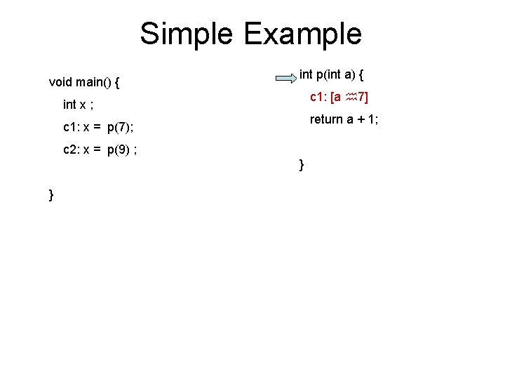 Simple Example void main() { int p(int a) { c 1: [a 7] int