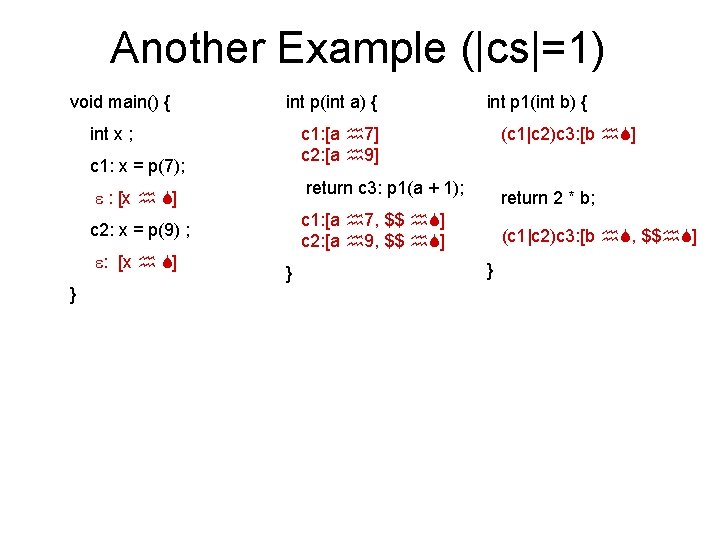 Another Example (|cs|=1) void main() { int p(int a) { c 1: [a 7]