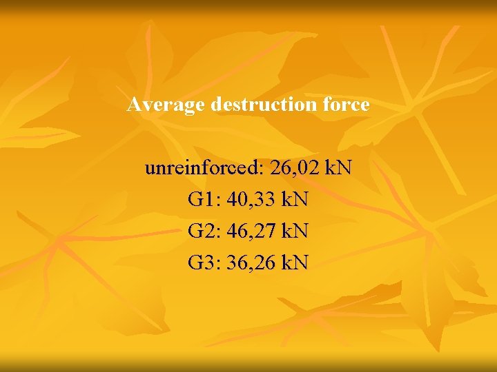 Average destruction force unreinforced: 26, 02 k. N G 1: 40, 33 k. N