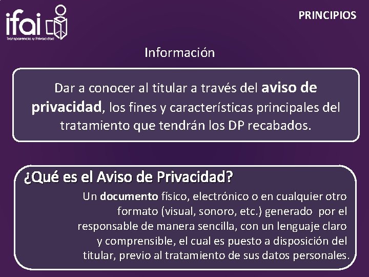 PRINCIPIOS Información Dar a conocer al titular a través del aviso de privacidad, los