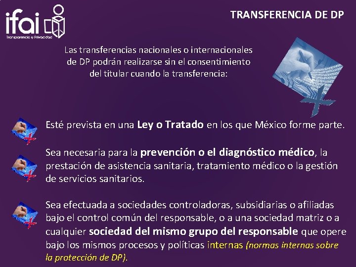 TRANSFERENCIA DE DP Las transferencias nacionales o internacionales de DP podrán realizarse sin el