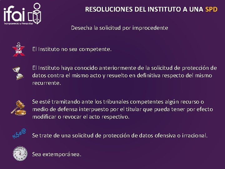 RESOLUCIONES DEL INSTITUTO A UNA SPD Desecha la solicitud por improcedente El Instituto no