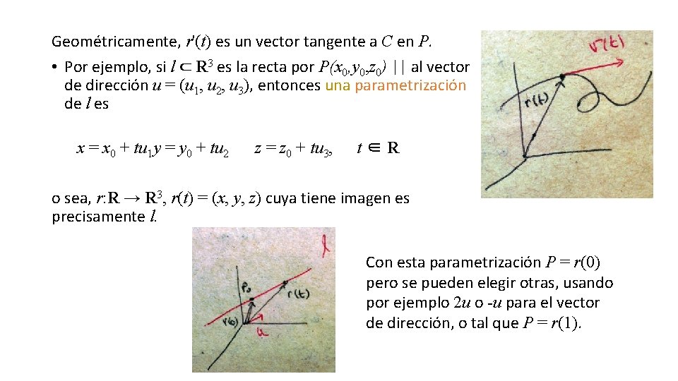 Geométricamente, r'(t) es un vector tangente a C en P. • Por ejemplo, si