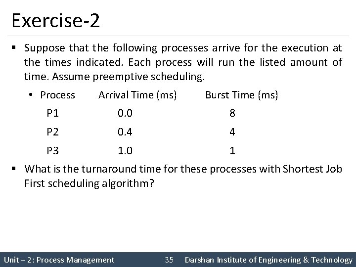 Exercise-2 § Suppose that the following processes arrive for the execution at the times Exercise-2 § Suppose that the following processes arrive for the execution at the times
