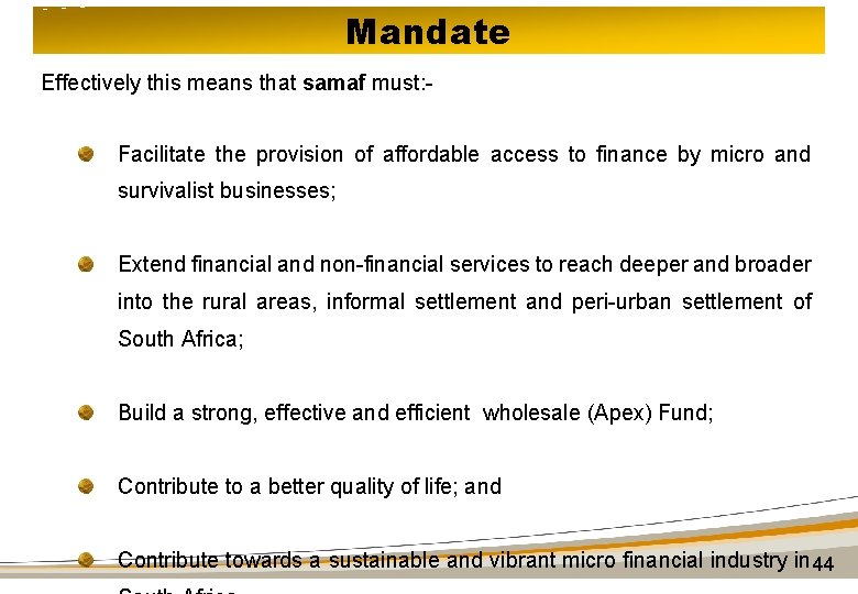 Mandate Effectively this means that samaf must: Facilitate the provision of affordable access to