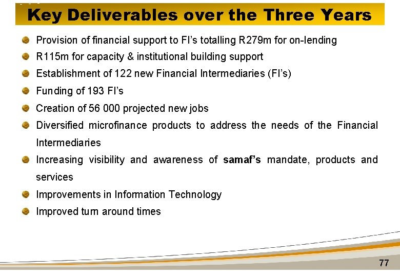 Key Deliverables over the Three Years Provision of financial support to FI’s totalling R