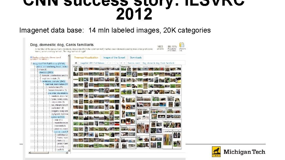 CNN success story: ILSVRC 2012 Imagenet data base: 14 mln labeled images, 20 K