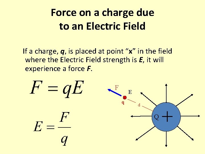 Force on a charge due to an Electric Field If a charge, q, is