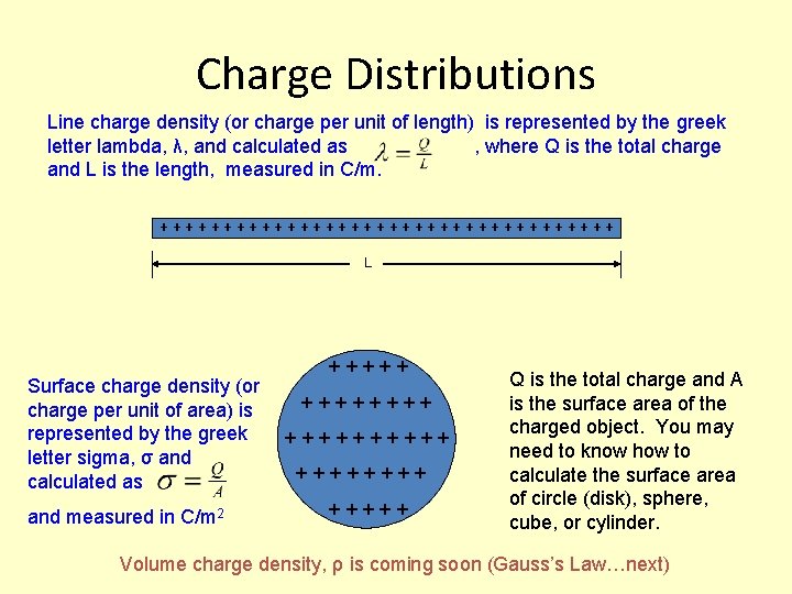 Charge Distributions Line charge density (or charge per unit of length) is represented by