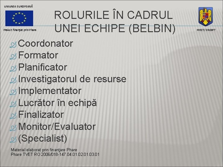 UNIUNEA EUROPEANĂ Proiect finanţat prin Phare ROLURILE ÎN CADRUL UNEI ECHIPE (BELBIN) Coordonator Formator