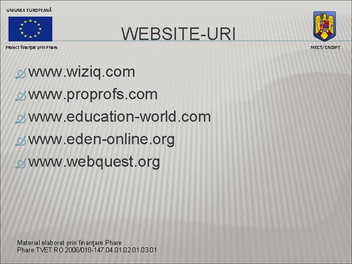 UNIUNEA EUROPEANĂ WEBSITE-URI Proiect finanţat prin Phare www. wiziq. com www. proprofs. com www.