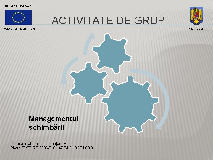 UNIUNEA EUROPEANĂ ACTIVITATE DE GRUP Proiect finanţat prin Phare Managementul schimbării Material elaborat prin