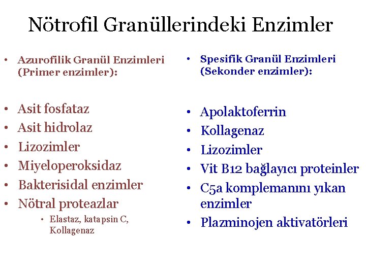 Nötrofil Granüllerindeki Enzimler • Azurofilik Granül Enzimleri (Primer enzimler): • Spesifik Granül Enzimleri (Sekonder