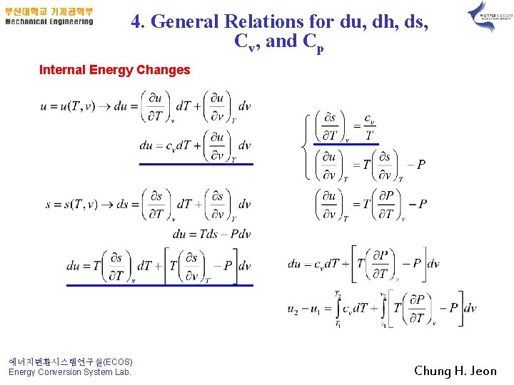 4. General Relations for du, dh, ds, Cv, and Cp Internal Energy Changes 에너지변환시스템연구실(ECOS)