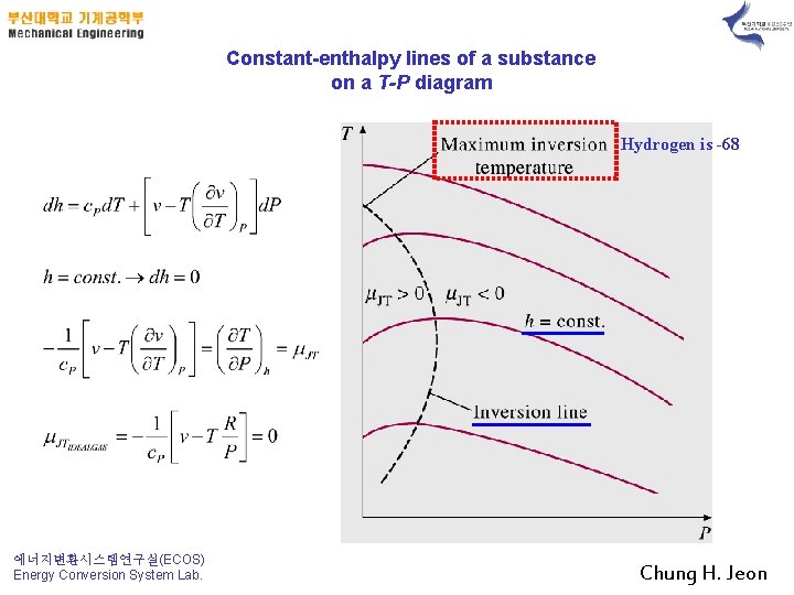 Constant-enthalpy lines of a substance on a T-P diagram Hydrogen is -68 에너지변환시스템연구실(ECOS) Energy