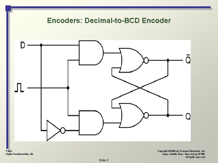 Encoders: Decimal-to-BCD Encoder Floyd Digital Fundamentals, 9/e Copyright © 2006 by Pearson Education, Inc. Encoders: Decimal-to-BCD Encoder Floyd Digital Fundamentals, 9/e Copyright © 2006 by Pearson Education, Inc.