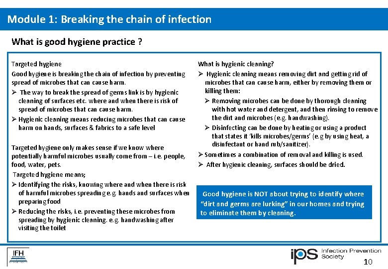 Module 1: Breaking the chain of infection What is good hygiene practice ? Targeted Module 1: Breaking the chain of infection What is good hygiene practice ? Targeted