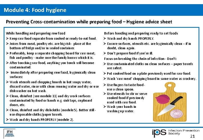 Module 4: Food hygiene Preventing Cross-contamination while preparing food – Hygiene advice sheet While Module 4: Food hygiene Preventing Cross-contamination while preparing food – Hygiene advice sheet While