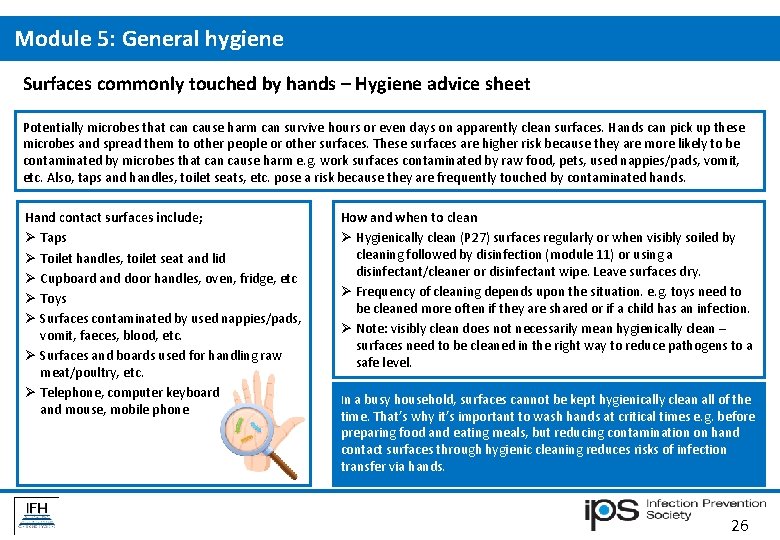 Module 5: General hygiene Surfaces commonly touched by hands – Hygiene advice sheet Potentially Module 5: General hygiene Surfaces commonly touched by hands – Hygiene advice sheet Potentially