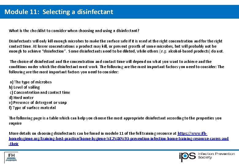 Module 11: Selecting a disinfectant What is the checklist to consider when choosing and Module 11: Selecting a disinfectant What is the checklist to consider when choosing and