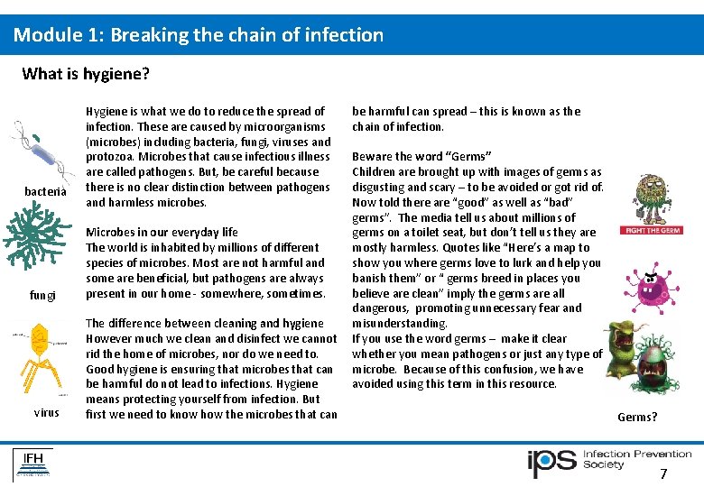 Module 1: Breaking the chain of infection What is hygiene? bacteria fungi virus Hygiene Module 1: Breaking the chain of infection What is hygiene? bacteria fungi virus Hygiene