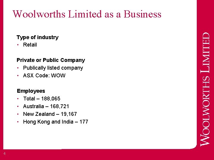Woolworths Limited as a Business Type of industry • Retail Private or Public Company
