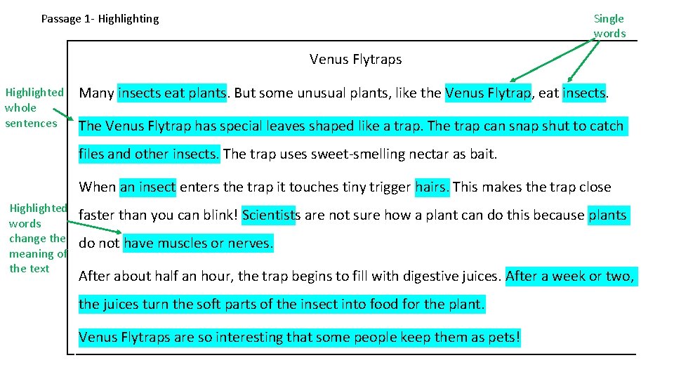 Passage 1 - Highlighting Single words Venus Flytraps Highlighted whole sentences Many insects eat