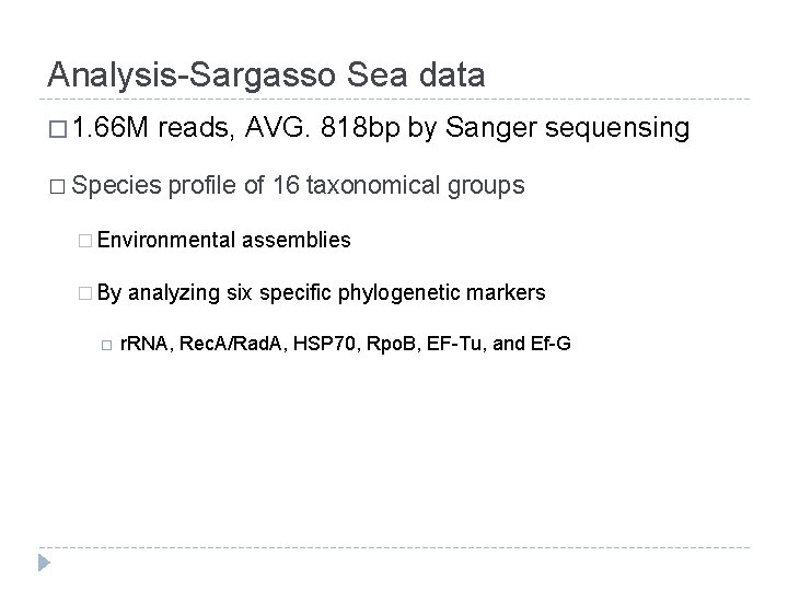 Analysis-Sargasso Sea data � 1. 66 M reads, AVG. 818 bp by Sanger sequensing