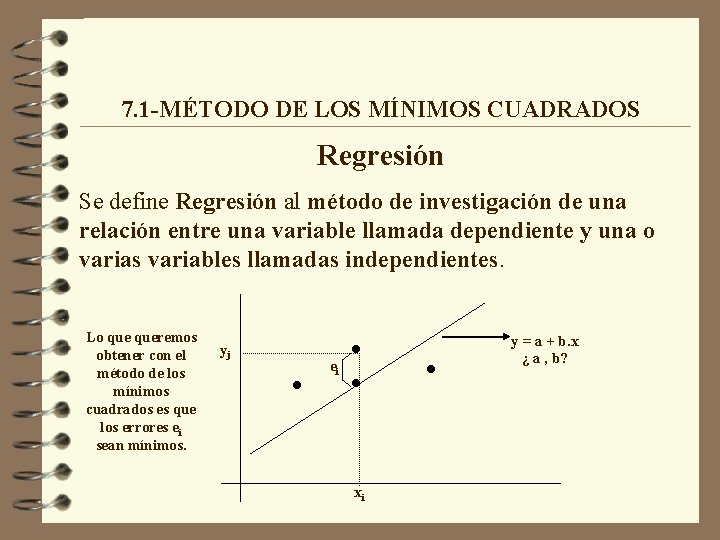 7. 1 -MÉTODO DE LOS MÍNIMOS CUADRADOS Regresión Se define Regresión al método de