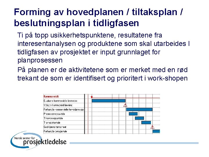 Forming av hovedplanen / tiltaksplan / beslutningsplan i tidligfasen Ti på topp usikkerhetspunktene, resultatene