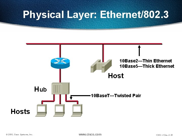 Physical Layer: Ethernet/802. 3 10 Base 2—Thin Ethernet 10 Base 5—Thick Ethernet Host Hub