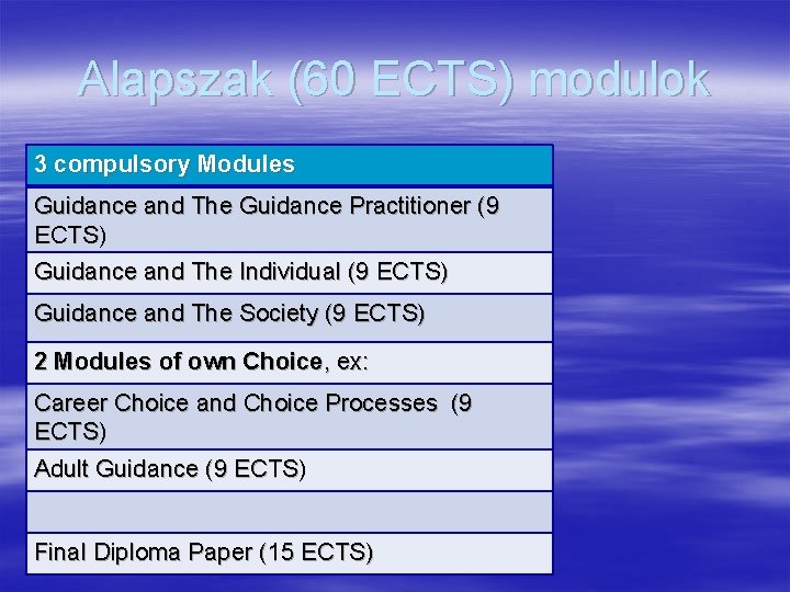 Alapszak (60 ECTS) modulok 3 compulsory Modules Guidance and The Guidance Practitioner (9 ECTS)