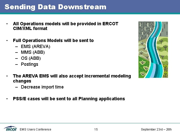 Sending Data Downstream • All Operations models will be provided in ERCOT CIM/XML format Sending Data Downstream • All Operations models will be provided in ERCOT CIM/XML format