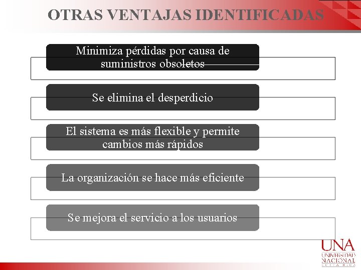 OTRAS VENTAJAS IDENTIFICADAS Minimiza pérdidas por causa de suministros obsoletos Se elimina el desperdicio