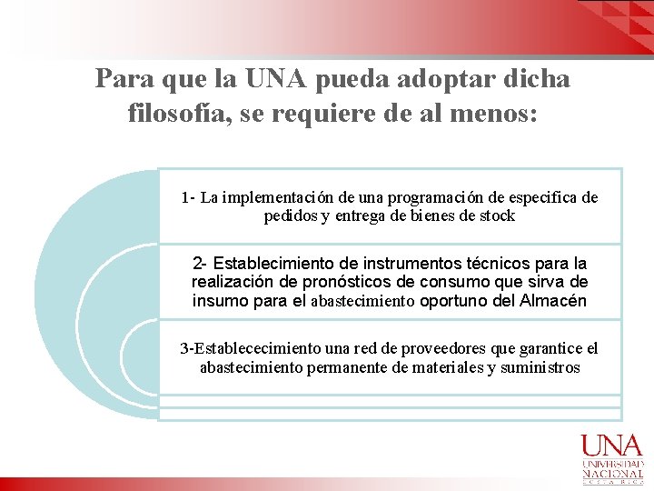 Para que la UNA pueda adoptar dicha filosofía, se requiere de al menos: 1