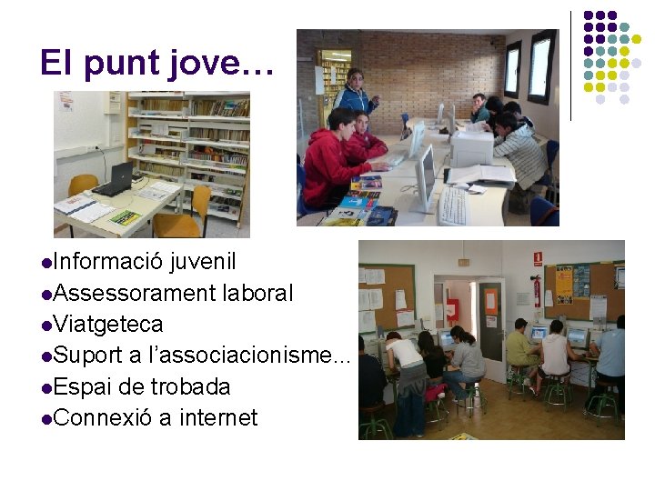 El punt jove… l. Informació juvenil l. Assessorament laboral l. Viatgeteca l. Suport a