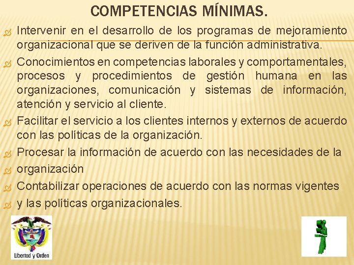 COMPETENCIAS MÍNIMAS. Intervenir en el desarrollo de los programas de mejoramiento organizacional que se