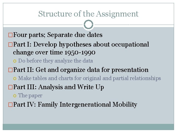 Structure of the Assignment �Four parts; Separate due dates �Part I: Develop hypotheses about