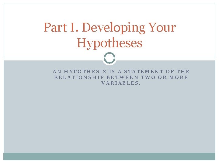 Part I. Developing Your Hypotheses AN HYPOTHESIS IS A STATEMENT OF THE RELATIONSHIP BETWEEN