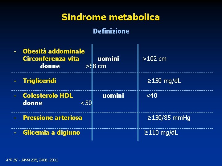 Sindrome metabolica Definizione - Obesità addominale Circonferenza vita uomini donne >88 cm - Trigliceridi