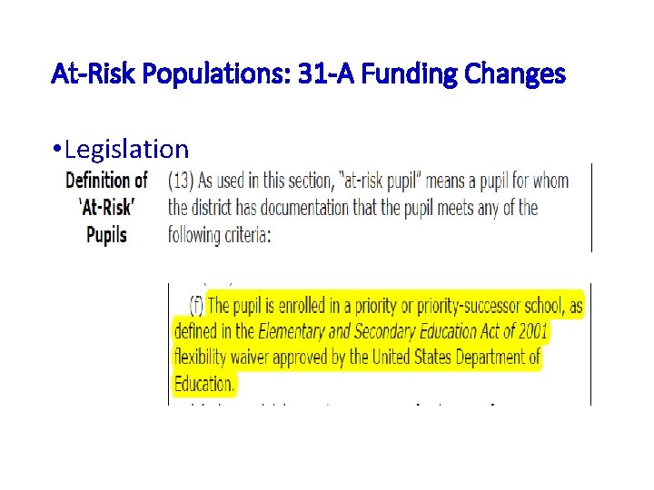 At-Risk Populations: 31 -A Funding Changes • Legislation 