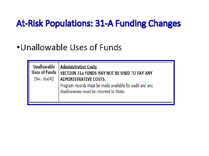 At-Risk Populations: 31 -A Funding Changes • Unallowable Uses of Funds 